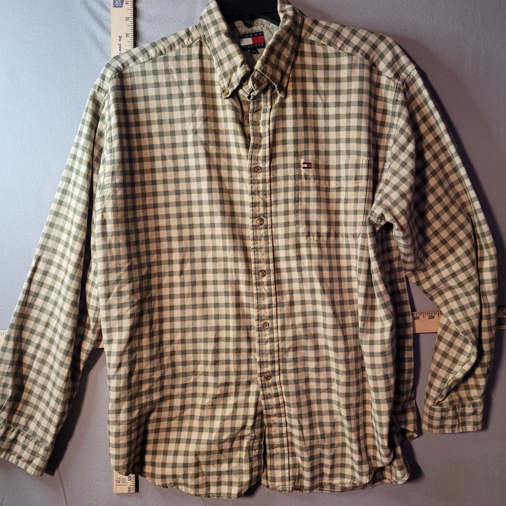 Tommy Hilfiger Mens XL Plaid Button Down Shirt Olive Green Tan Long Sleeve Logo